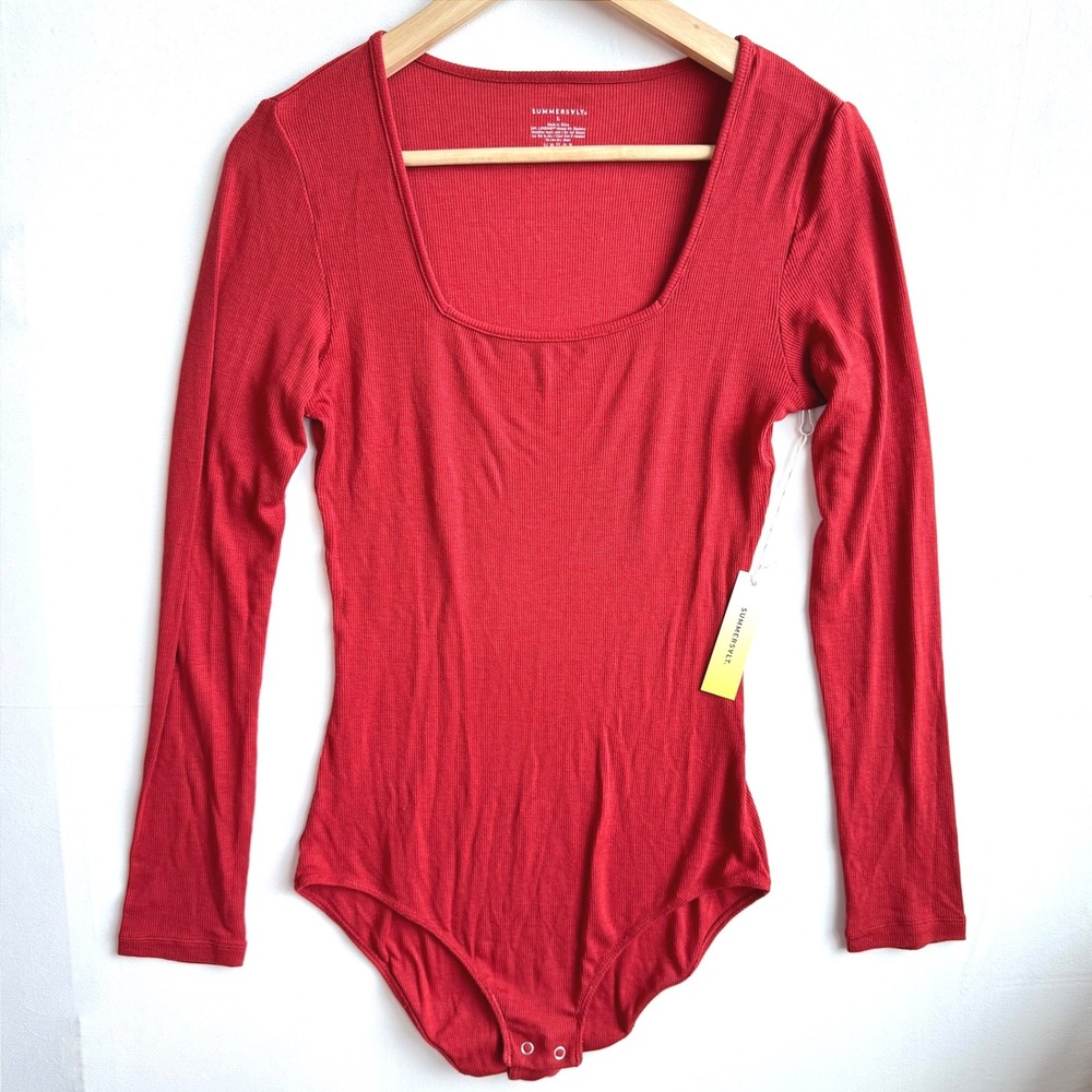 New Summersalt Ribbed Long Sleeve Bodysuit Red Square Neck Large Lightweight